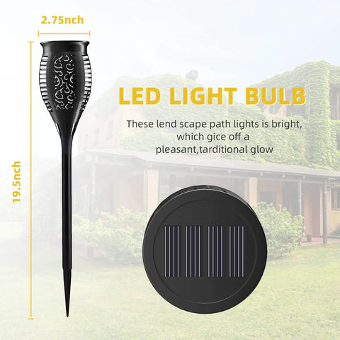 Diagram showing dimensions of LED light bulb with solar panel from 12 Pack Tiki Torch Lights With Flickering Flame Effect.