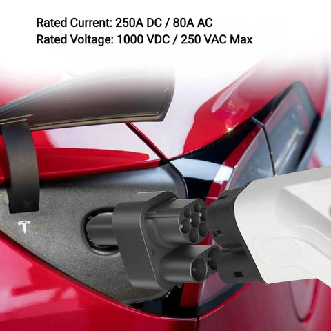 Seamless CCS Combo Two To Nacs Charging Adapter in use with Tesla Model 3 showcasing charging port connection.