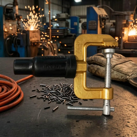 Dope Heavy Duty Grounding Clamp With Screw For Welders And Workshops Featuring Secure Insulated Handle and brass body on a workshop table.