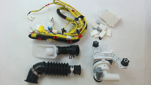 Drain Pump Service Kit For Samsung Washing Machines OEM Replacement with tub-to-pump hose, wiring harness, and drain assembly.