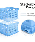 Top Rated Hassle Free Breezy Blue Stackable Plastic Storage Bin With Full Grip Handles For Quick Closet Pantry Garage Laundry Room Organization And Easy Everyday Hauling, shown in two stacked bins with holes for ventilation.