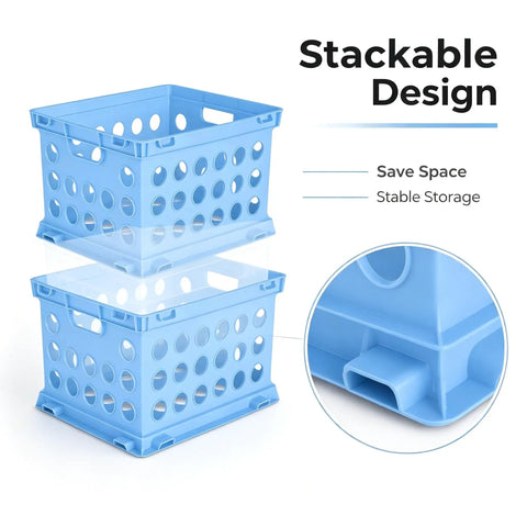 Top Rated Hassle Free Breezy Blue Stackable Plastic Storage Bin With Full Grip Handles For Quick Closet Pantry Garage Laundry Room Organization And Easy Everyday Hauling, shown in two stacked bins with holes for ventilation.