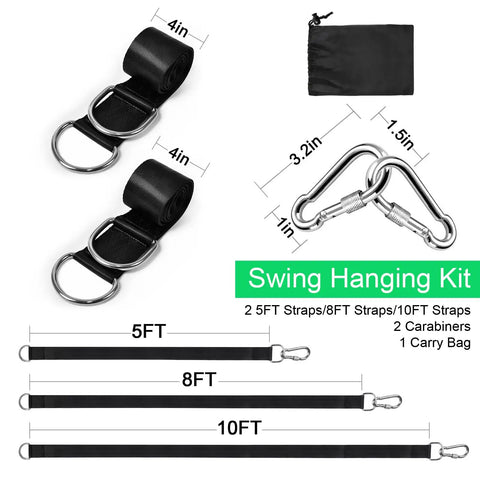 Heavy Duty Tree Swing Straps Kit 2200 Lb Capacity includes two 5 ft straps, lock carabiners, and carry pouch for swing or hammock.