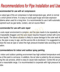 Guidelines for pipe installation and use with air compressors, auto repair, and spray painting; includes conditions and recommended equipment.