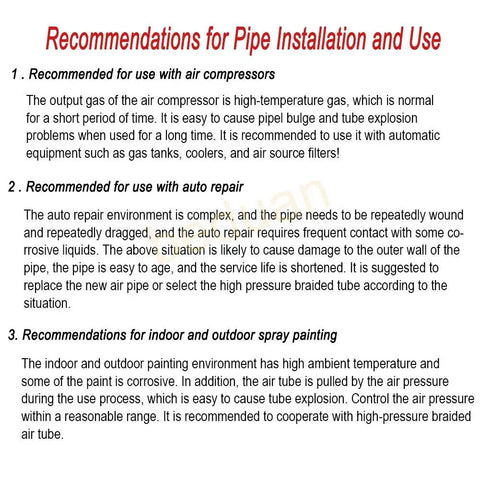 Guidelines for pipe installation and use with air compressors, auto repair, and spray painting; includes conditions and recommended equipment.