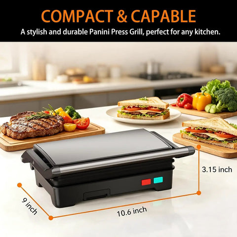 Stainless Steel 1000W Panini Press Grill And Sandwich Maker With Non Stick Plates Removable Drip Tray 3 In 1 Electric Contact Grill Opens 180 Degrees Flat For Burgers Chicken Bacon And More Overheat Protection on kitchen counter.