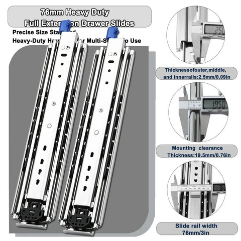 1 Pair 76mm Wide Heavy Duty Drawer Slides For Truck Bed With Full Extension, Quiet Operation, Anti Rust Design, Smooth Ball Bearing Rails For Easy Access To Tools And Gear. 76mm steel slides, side view with size measurements