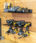 Electric Drill Storage Rack With Wall Mount Organizer Holds 4 Drills Plus Accessory Shelf Heavy Duty Steel With Scratch Resistant Finish Great For Garage Workshop Home Shed, installed with drills on wall.