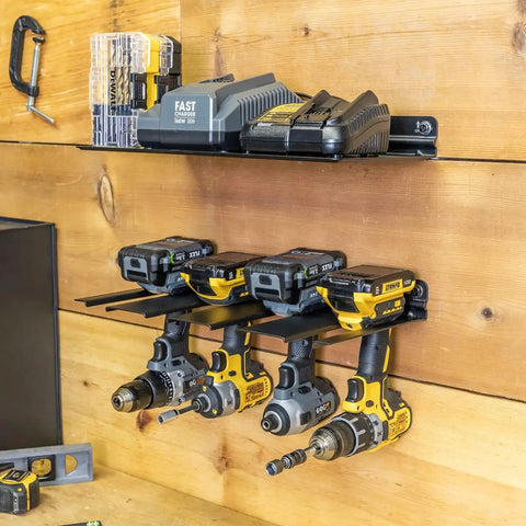 Electric Drill Storage Rack With Wall Mount Organizer Holds 4 Drills Plus Accessory Shelf Heavy Duty Steel With Scratch Resistant Finish Great For Garage Workshop Home Shed, installed with drills on wall.