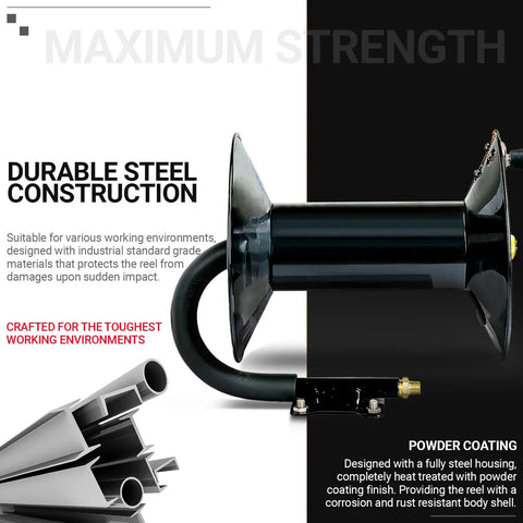 Retractable Air Hose Reel With Hand Crank Built Tough Three Eighths Inch By Fifty Feet 300 PSI 20 Bar Heavy Duty Steel Construction