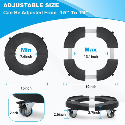 Adjustable 15-19 Inch Round Drum Dolly with Locking Wheels fits Trash Cans and Drums, adjustable size illustration