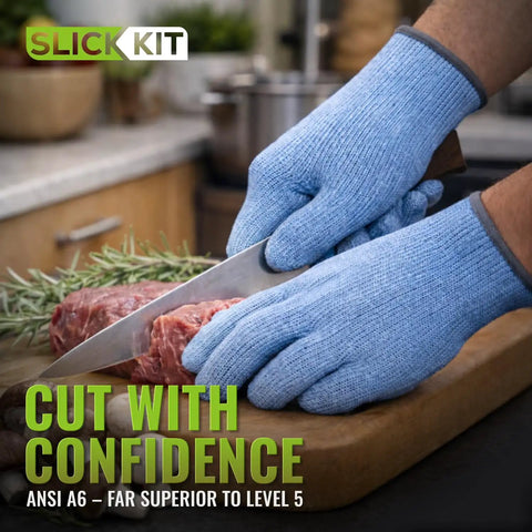 Person slicing meat with Ambidextrous ANSI A6 Cut Resistant Gloves For Chefs And Butchers Blue Food Safe Pro Grade Hand Protection