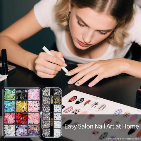 Person using Nail Art Glitter Kit Multicolor 3D Charms for DIY Nails with flowers, butterflies, and snakes.