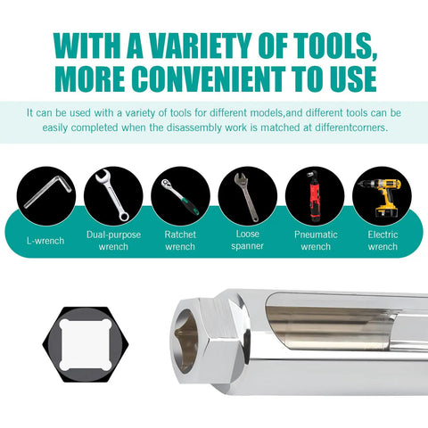 Oxygen Sensor Socket Wrench For Easy Dismantling I Type 45 Steel with hex head, shown with compatibility icons for automotive tools.