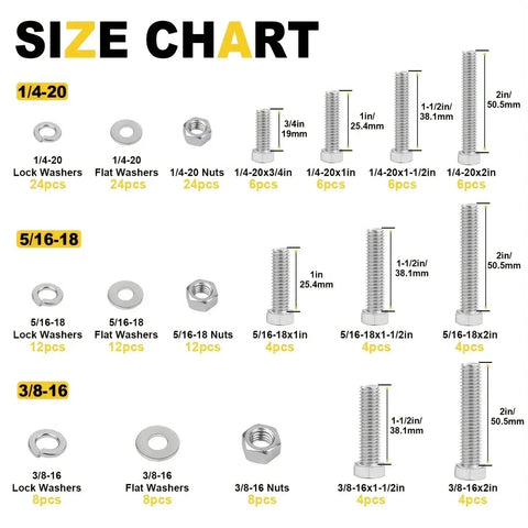 176 Piece 304 Stainless Steel Hex Nuts And Bolts Assortment Kit With SAE Coarse Thread For DIY Home Workshop And Auto Repairs Durable Heavy Duty Pro Grade Hardware Set size chart