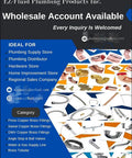 Assorted plumbing fittings and tools for wholesale by EZ-Fluid Plumbing Products Inc. with contact information displayed.