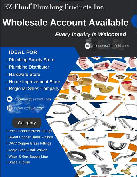 Assorted plumbing fittings and tools for wholesale by EZ-Fluid Plumbing Products Inc. with contact information displayed.