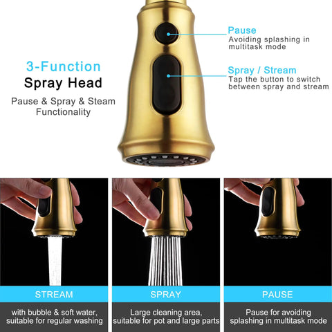 Brushed Gold Kitchen Faucet With Dual Function Pull Out And Pull Down Sprayer, Spray Stream Control Button Close-up