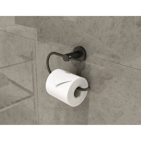 Dia 4-Piece Wall Mounted Bathroom Hardware Set In Matte Black With Towel Bar, Robe Hook, Hand Towel Holder, And Toilet Paper Holder, Includes All Mounting Hardware And 50 Lb Bar Capacity, Lifetime Residential Warranty showcasing toilet paper holder on tile wall