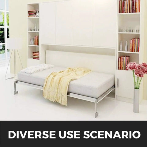Heavy Duty Murphy Bed Spring Mount Kit Horizontal Wall Frame Hardware For Queen Or Twin Size Bed With Ironclad Rebound Action And No Sweat Diy Setup In Classic White Finish displayed in a modern room.