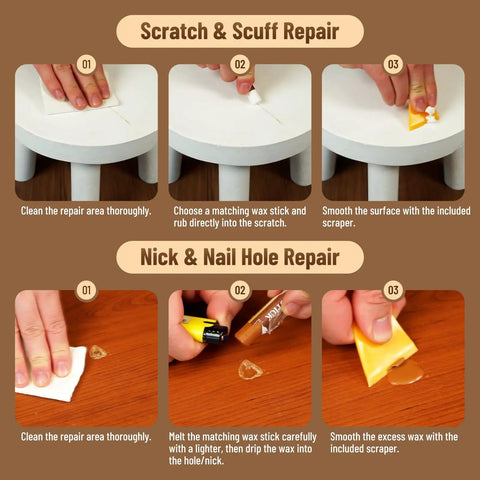 How to use 9 Color Wood Filler Sticks And Repair Crayons For Furniture And Floors No Sweat Go To Scratch Fix Kit with scrapers.