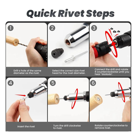 Six-step process for using Cordless Riveting Gun Kit With Brushless Motor For Fast Nut Insert Riveting.