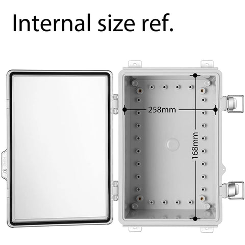 Tough As Nails Weatherproof Electrical Junction Box Enclosure With Hinged Gray Cover, internal measurements, lid open view