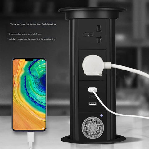 Waterproof Pop Up Power Strip With Smart Lifting Mechanism For Desk And Kitchen, showing three charging ports and a smartphone.