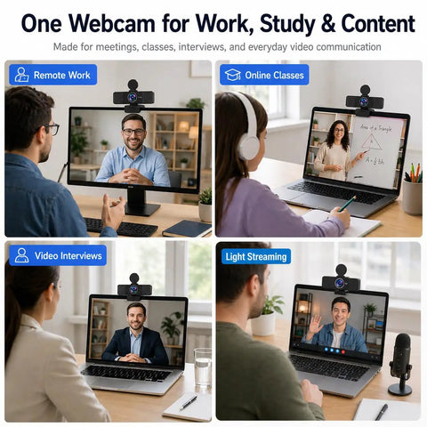 Straight Up Crisp 4K Autofocus USB Webcam For PC With Dual Mics catching every word during remote work video calls.