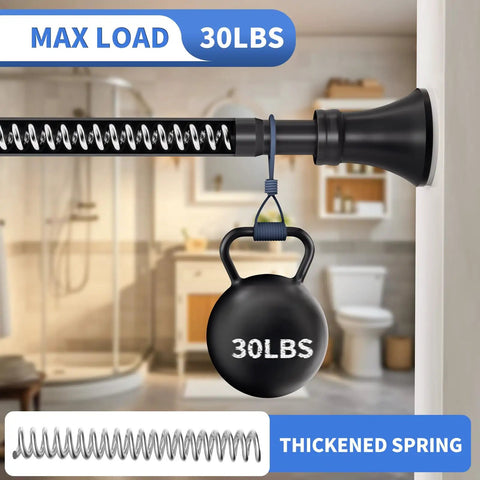 Matte Black Shower Curtain Rod 36 to 84 Inch Adjustable No Slip No Drill Stainless Steel Spring Tension Rod showing strength holding 30lbs