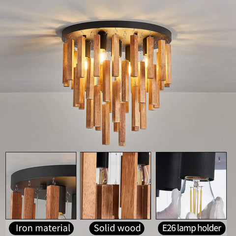 5 Light Rustic Oak And Black Semi Flush Mount Ceiling Fixture With E26 Base, Vintage Chandelier Style, farm kitchen setting