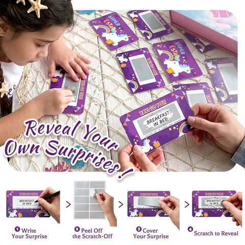Child using scratch-off cards from Fifty Plus Piece DIY Wristbands And Purse Kit For Girls to reveal surprise messages.
