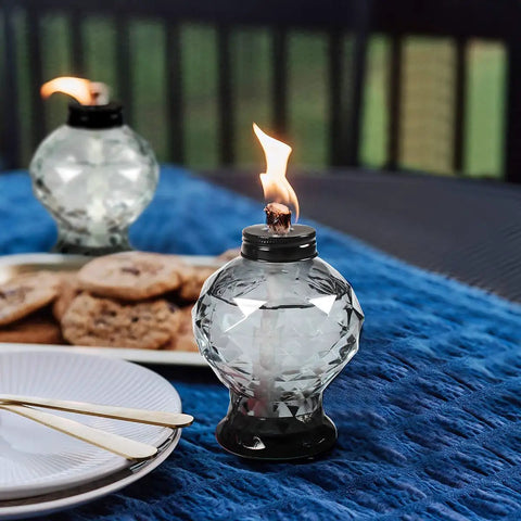 Four Pack Glass Table Torches With Citronella For Outdoor Patio And Garden, Refillable Wick Lanterns Crystal Gem Design