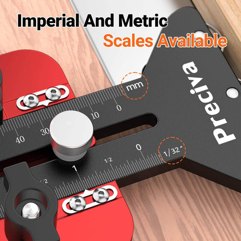 Thin Rip Table Saw Jig With Three Pulleys For Narrow Strip And Repetitive Cuts, shown with imperial and metric scales