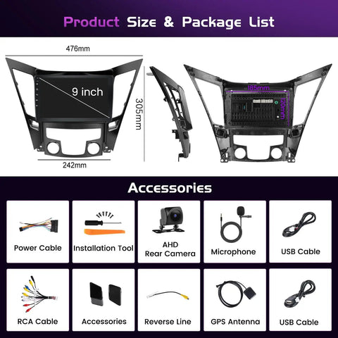 Awesome Android 15 Car Stereo For Hyundai Sonata 2010-2015 with 9-inch touch screen, accessories, and installation kit layout