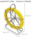 Heavy Duty Fiberglass Fish Tape 425 Ft 6MM Duct Rodder With Brake Electrical Cable Puller in steel frame with size details