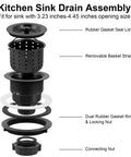 Exploded view of gold kitchen sink drain assembly with deep removable waste basket, strainer, and stopper for three and a half inch openings.