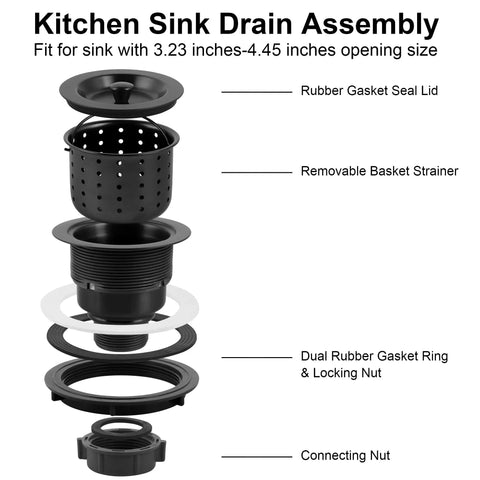 Exploded view of gold kitchen sink drain assembly with deep removable waste basket, strainer, and stopper for three and a half inch openings.