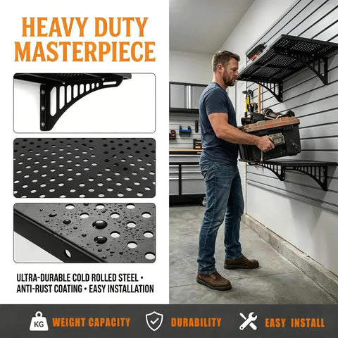 Heavy Duty Garage Wall Shelves Set Four Pack 1.4 X 4 Ft Black Metal With Hooks For Tools Storage Rugged Steel Wall Organizer Racks To Free Floor Space And Keep Your Workshop Neat mounted in a garage