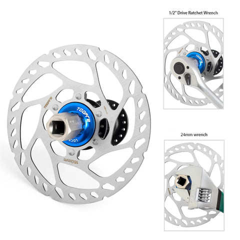 Centerlock Rotor Lockring For Disc Brakes Internal Spline CNC Aluminum Built Tough Lock Ring shown with tools for installation