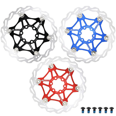 Floating Bike Brake Disc Rotor For MTB Road BMX 160mm 180mm 203mm With Six Bolts Stainless Steel Outer And 7075 Aluminum Inner CNC Milled With Beefy Anodized Finish in black, blue, and red with bolts