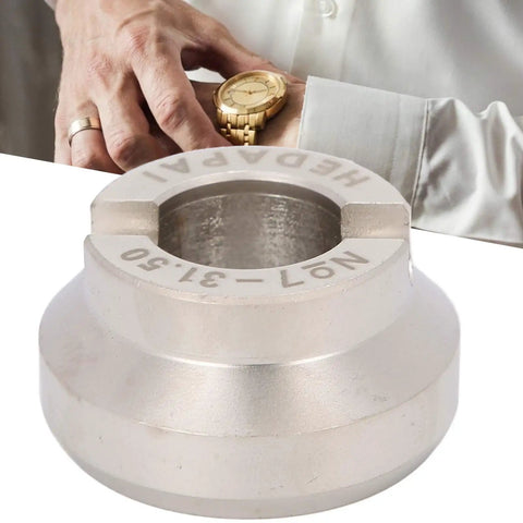 Close-up of Watch Opener Die For Case Back Removal 31.5Mm Alloy Steel Tool with watch in background.