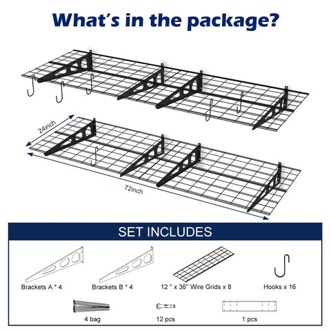 Beefy Heavy Duty Garage Wall Shelves Set, 2x6 Ft Metal Storage Racks, Four Wall Mounted Floating Shelves 24x36 Inches With Hooks