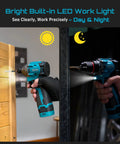 Kick Ass Cordless Drill And Brushless Impact Driver Power Tool Combo Kit For Home Diy Tasks with bright LED work light in use.