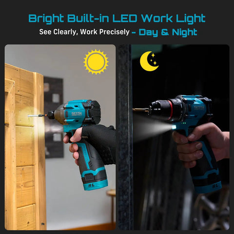 Kick Ass Cordless Drill And Brushless Impact Driver Power Tool Combo Kit For Home Diy Tasks with bright LED work light in use.