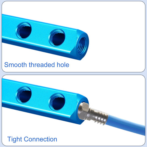 Six Way Nine Port Aluminum Air Manifold Block For One Quarter Inch Quick Connects Inline Pneumatic Splitter showcasing threaded holes and connection