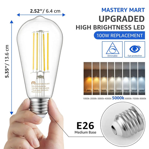 Hand holding 100 Watt Equivalent LED Bulb Dimmable E26 Base Cool White 5000K 1100 Lumens 9W Vintage ST21 ST64 Clear Glass UL Listed