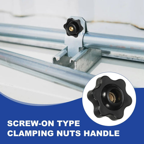 Grippy M5 X 25mm Star Knobs 10 Pack Knurled Through Hole Screw On Type attached to metal pipe, black, for T Track and CNC