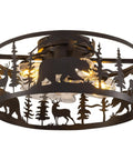 Straight Up Farmhouse Ceiling Fan With Integrated Lights And Remote Control Rustic Black Caged Fandelier featuring bear and deer design.