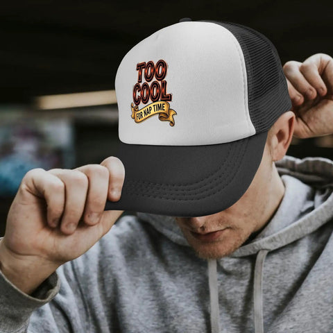 Man wearing Breathable Mesh Trucker Cap For Men And Boys, Adjustable Back Buckle with 'Too Cool for Nap Time' text